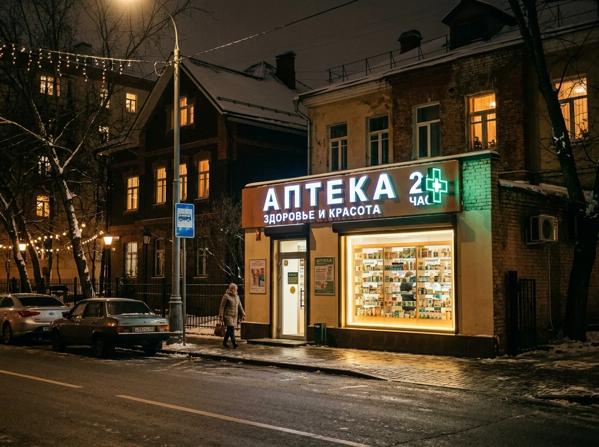 Небольшая аптека у дома в спальном районе Москвы, вечерняя подсветка вывески, витрина с товарами, уютная атмосфера